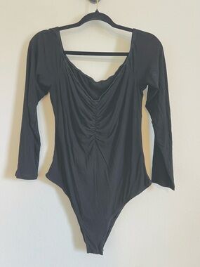 Black Long-Sleeve Ruched Bodysuit
